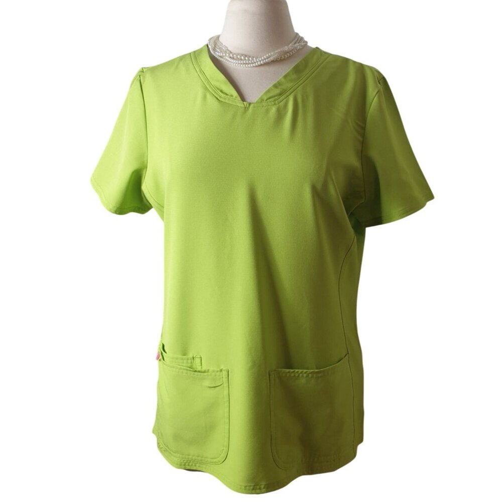 Heartsoul Womens Scrub Top M Lime Pink V-Neck SS Multi Pockets Nursing Medical